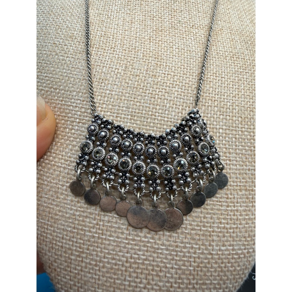 Boho Silver Tone Bib Necklace Rhinestone Accents Coin Dangles Tribal Style